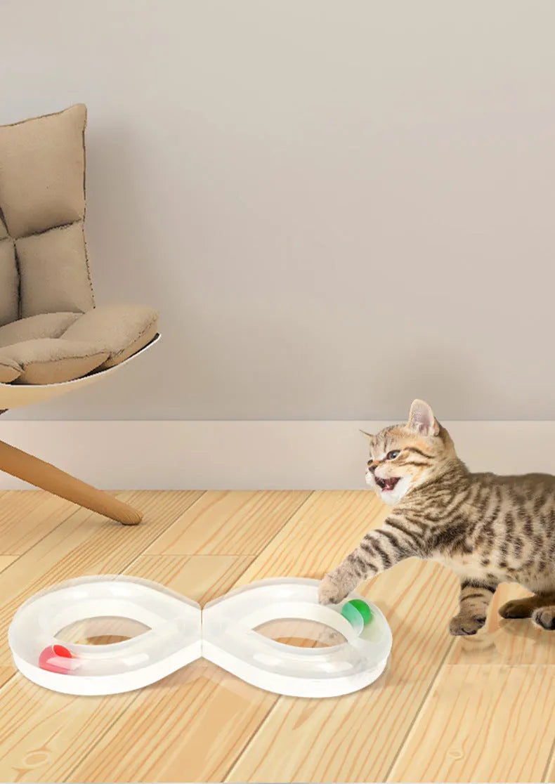 Cat toy turntable with interactive track ball dish, white and blue plastic, 50x24x5.5cm