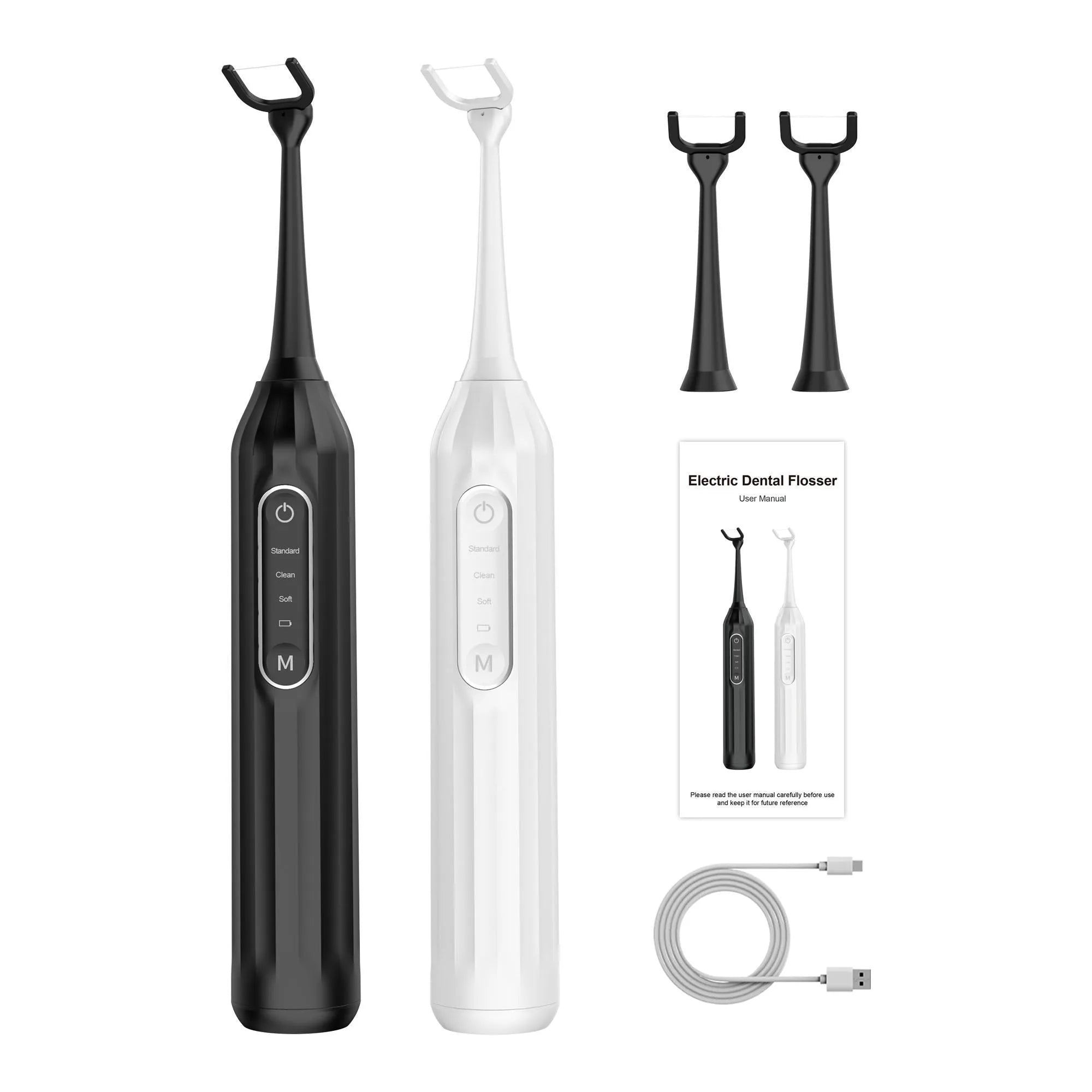 Electric water flosser in white with Type-C charging, three mode buttons, and water tank visible