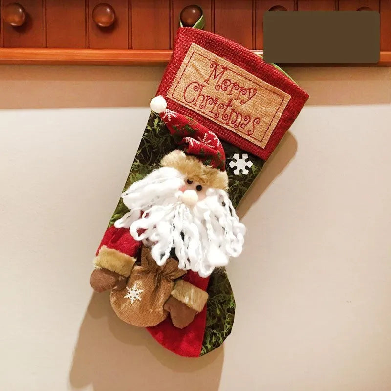 Christmas stocking socks with 3D applique snowman, Santa, and elk designs in mixed colours