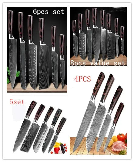 7Cr17 stainless steel kitchen knife with laser Damascus pattern blade and coloured wood handle