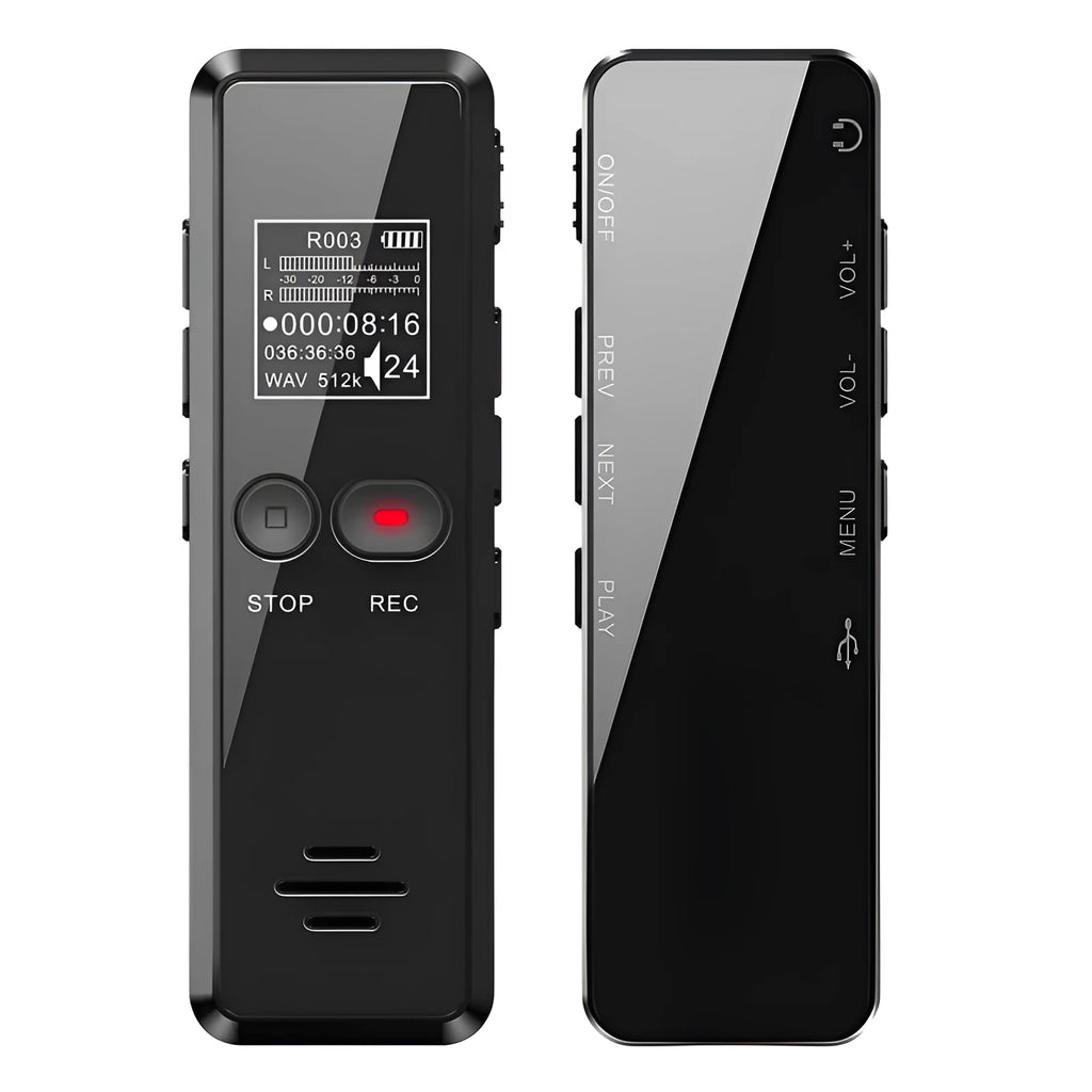 Black zinc alloy USB voice recorder and MP3 player showing LCD screen and USB connector.