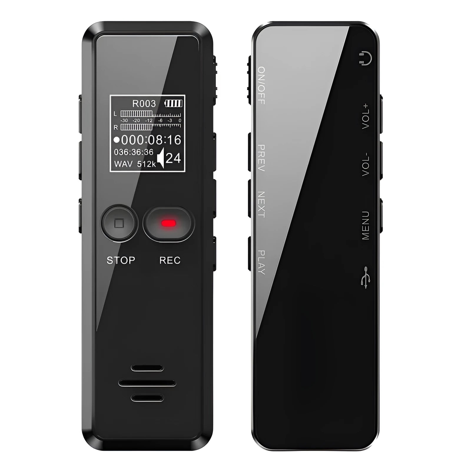 Black zinc alloy USB voice recorder and MP3 player showing LCD screen and USB connector.