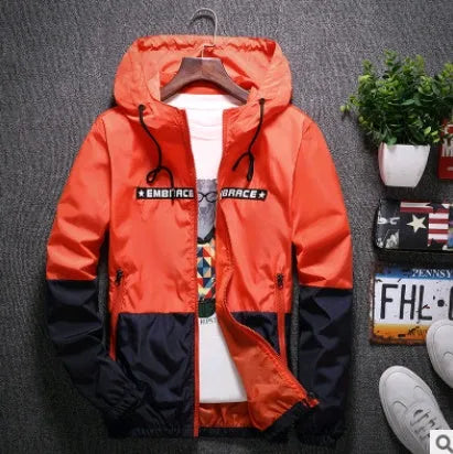 Men's casual hooded jacket in blue with slim fit and stripes, spring autumn thin section coat