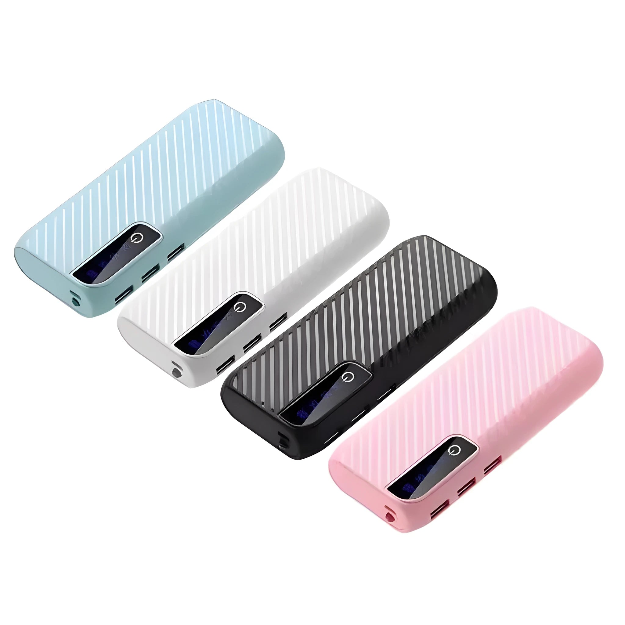 20000mAh portable power bank in black, blue, pink, or white with dual USB outputs