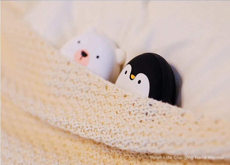 Cartoon penguin polar bear design USB rechargeable electric hand warmer power bank showing double-side heating