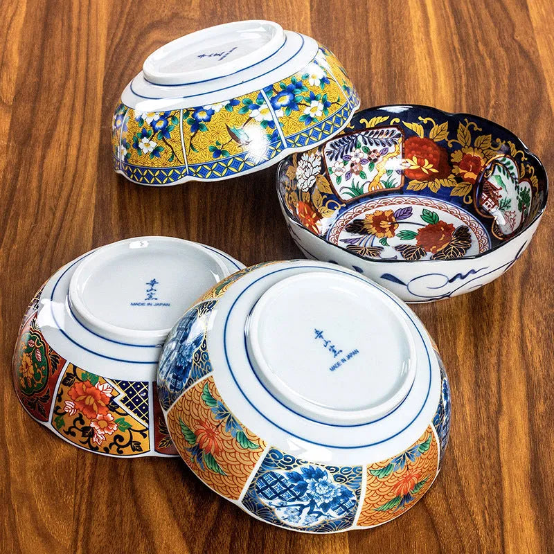 Retro Japanese style 4-inch porcelain bowl with dyed peony pattern and underglaze finish in gold colour