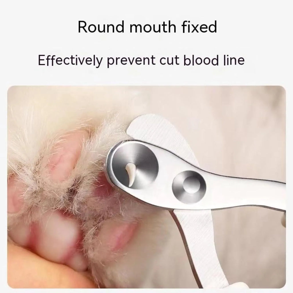 Blue pet nail clippers with circular hole design and cushioned handle on a white background.