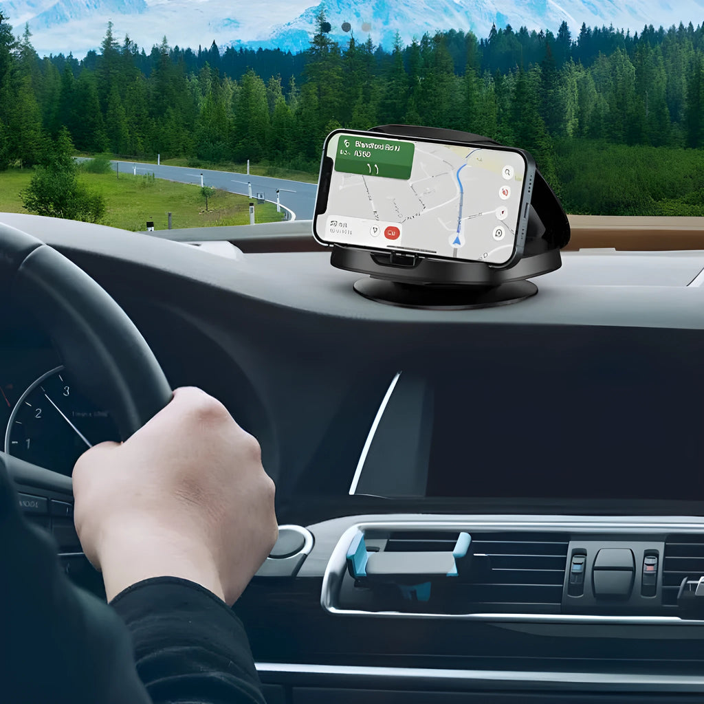 Black plastic rotating car phone bracket with suction cup mount for windscreen or dashboard installation