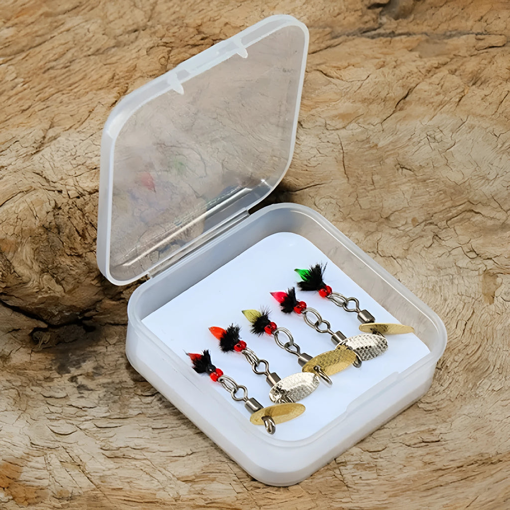Five bionic mosquito fishing hooks with spinning sequins in multicoloured poisonous patterns