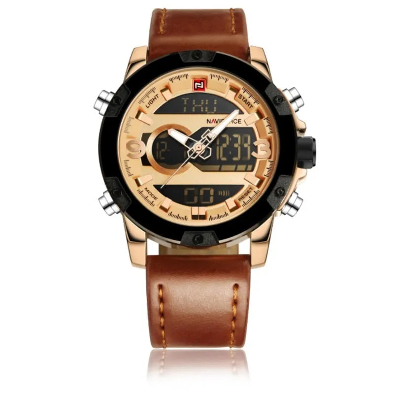 Men's leather digital army military watch with 46.5mm round dial, alloy case, and pin buckle closure