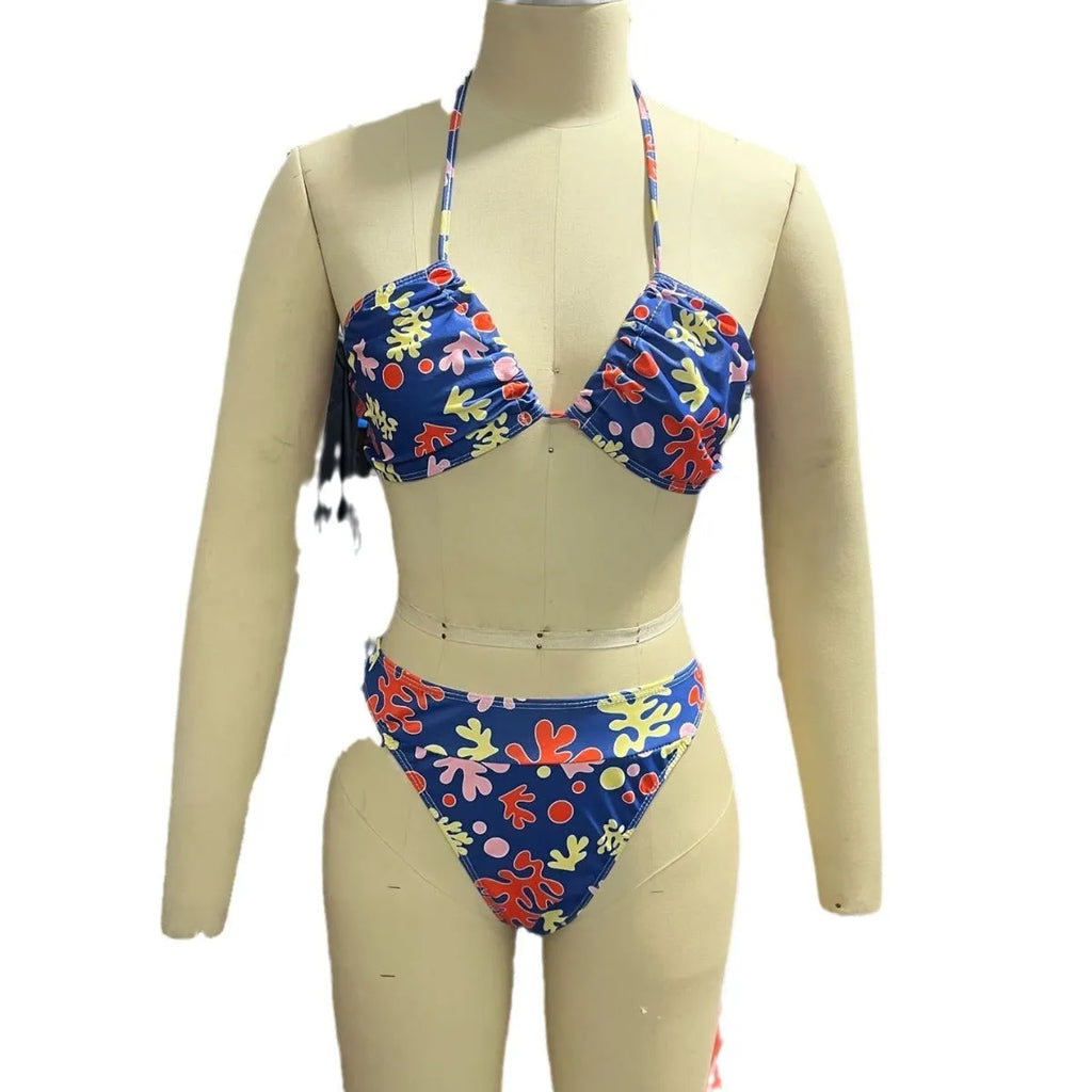 Sunbath No Sun Marks Breathable Banded Bikini Set in blue variegated, sleeveless briefs style, polyester spandex