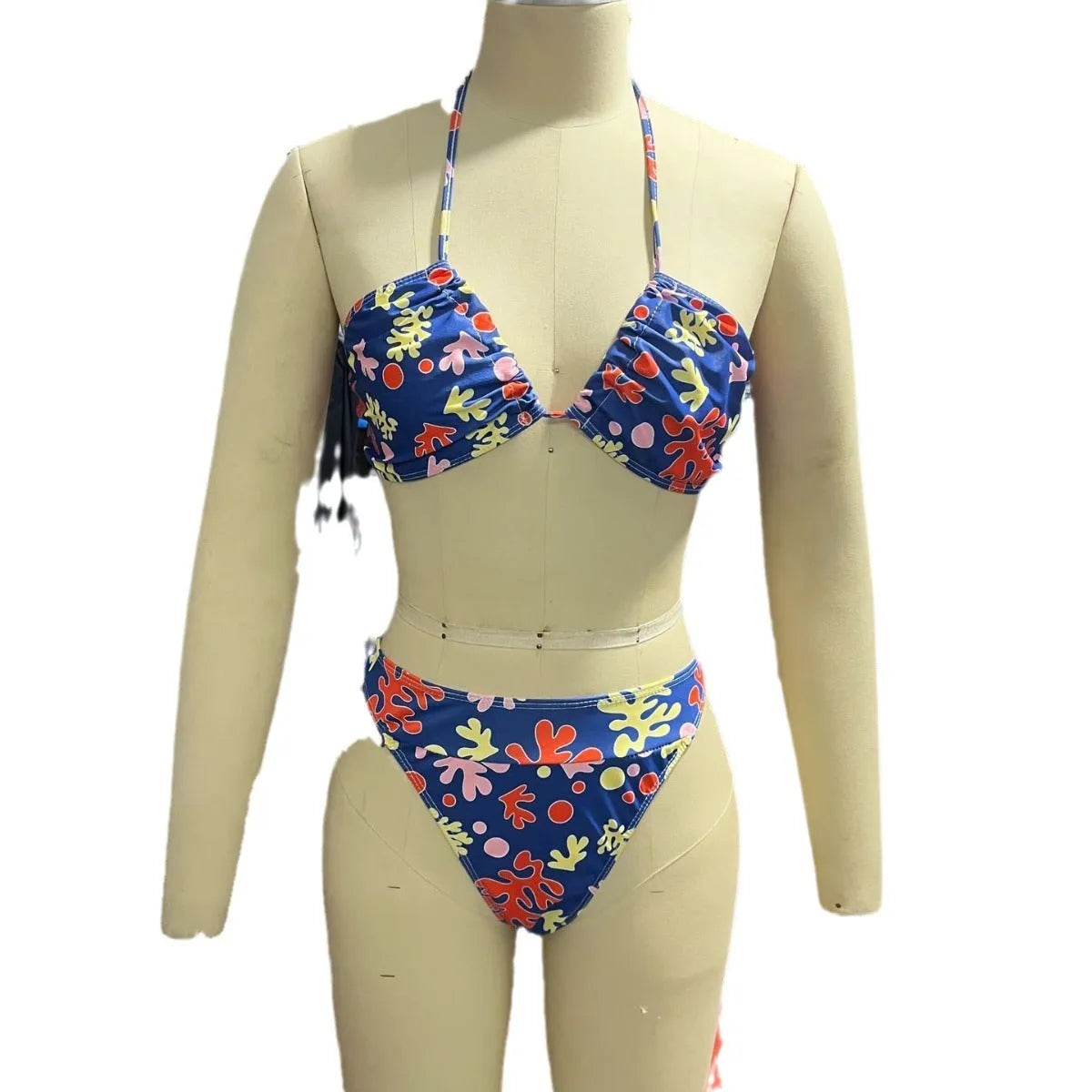 Sunbath No Sun Marks Breathable Banded Bikini Set in blue variegated, sleeveless briefs style, polyester spandex