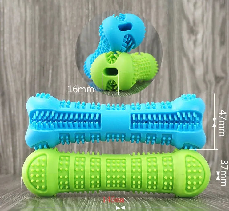 Bone-shaped silicone dog molar stick toothbrush in blue with bristles on all sides