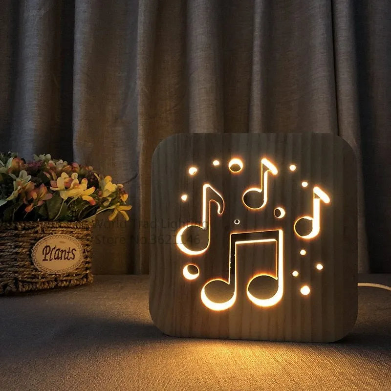 Square pine wood USB LED atmosphere lamp emitting warm white light on a table.