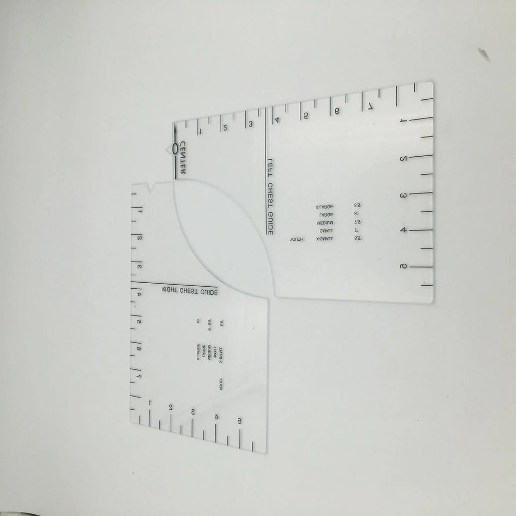 Transparent acrylic sewing patch ruler measuring 10x6 inches for T-shirt alignment and garment construction
