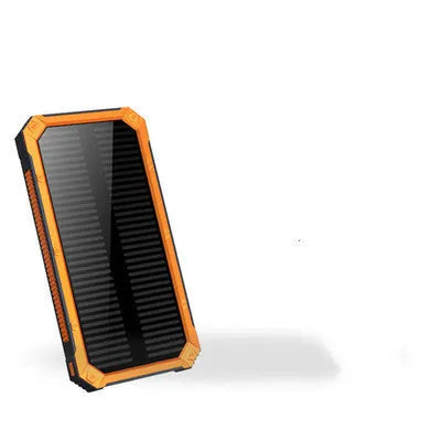 Solar power bank in orange, green, black, or yellow with display showing 6000, 8000, and 10000mAh capacity options.