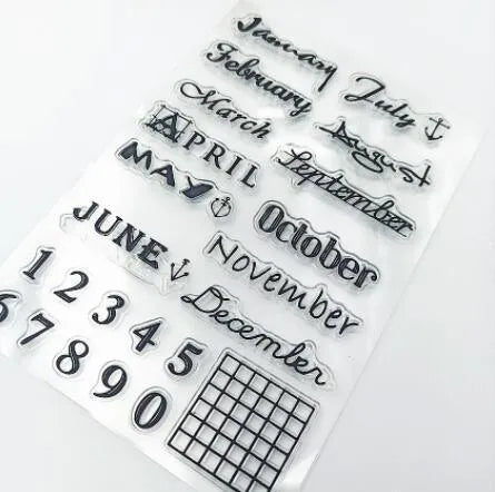 Transparent silicone vintage calendar stamp seal on a white background.