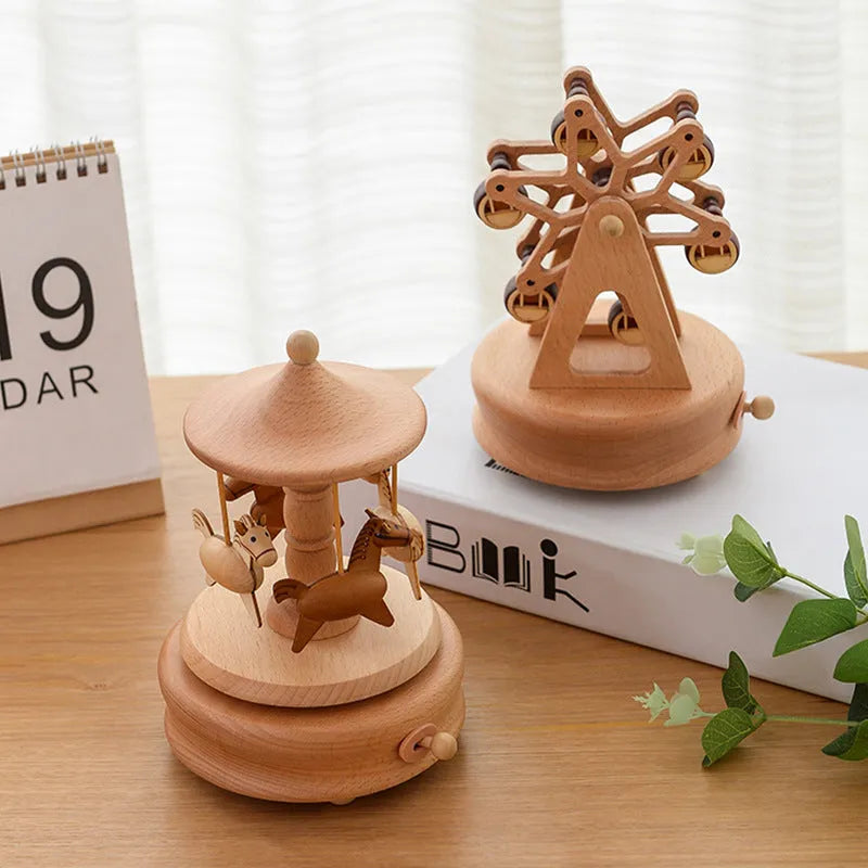 Wooden music box with rotating handle playing City of the Sky melody, European style table decoration