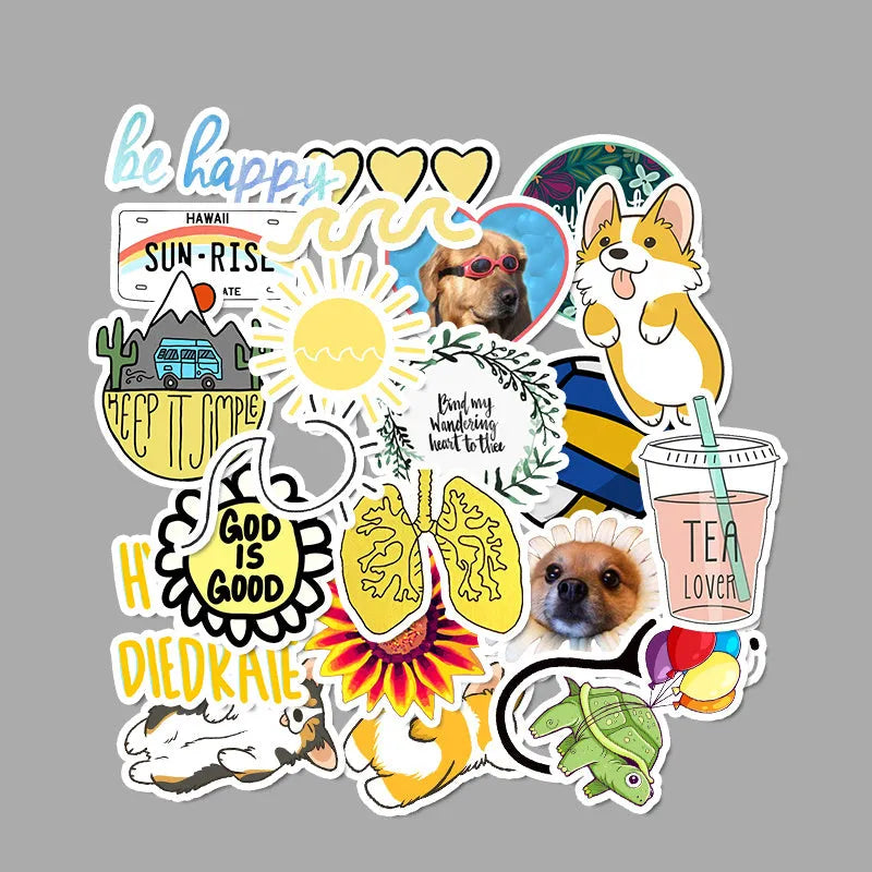 Assorted waterproof PVC graffiti suitcase stickers in 50 pack, 4-6 cm each, on white background.