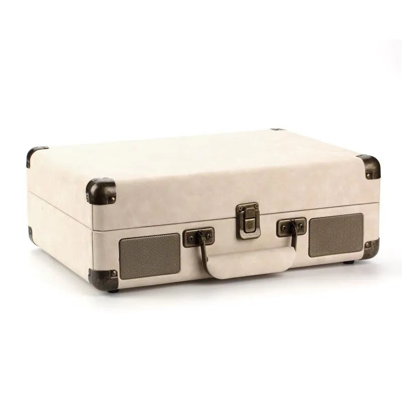Leather-cased portable Bluetooth turntable for vinyl and film records in multiple colours.