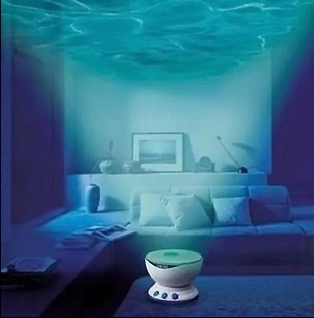 Blue ocean-themed projection lamp showing underwater light effects on a wall