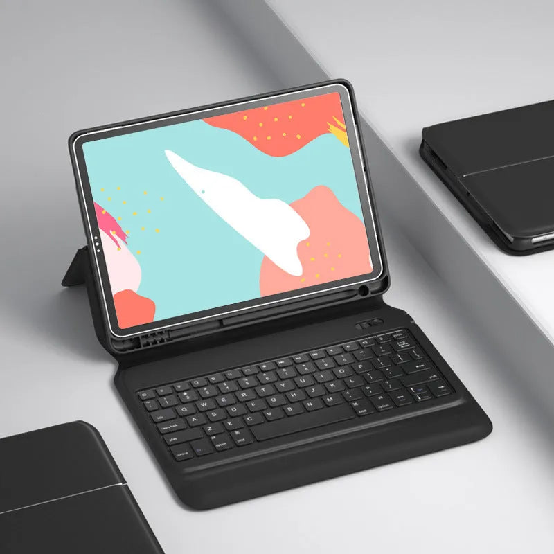 Ultra-thin wireless Bluetooth keyboard leather case for iPad in black flip-style design with integrated keys
