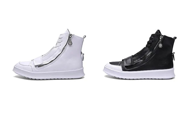 Black and white PU leather men's ankle boots with high-top sneaker design showing microfiber material texture