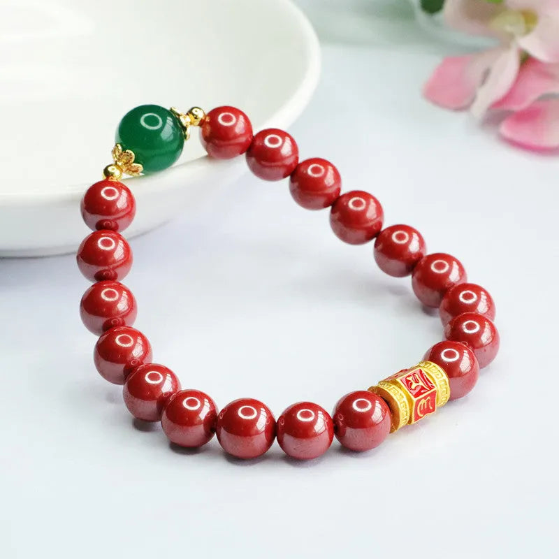 Cinnabar bracelet with Emperor Sandstone Six Words Motto design, 8mm bead size.
