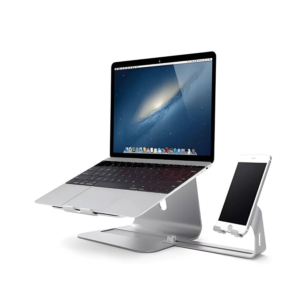 Desktop lazy bracket in gray and silver on a desk, measuring 26x24.3x19cm.