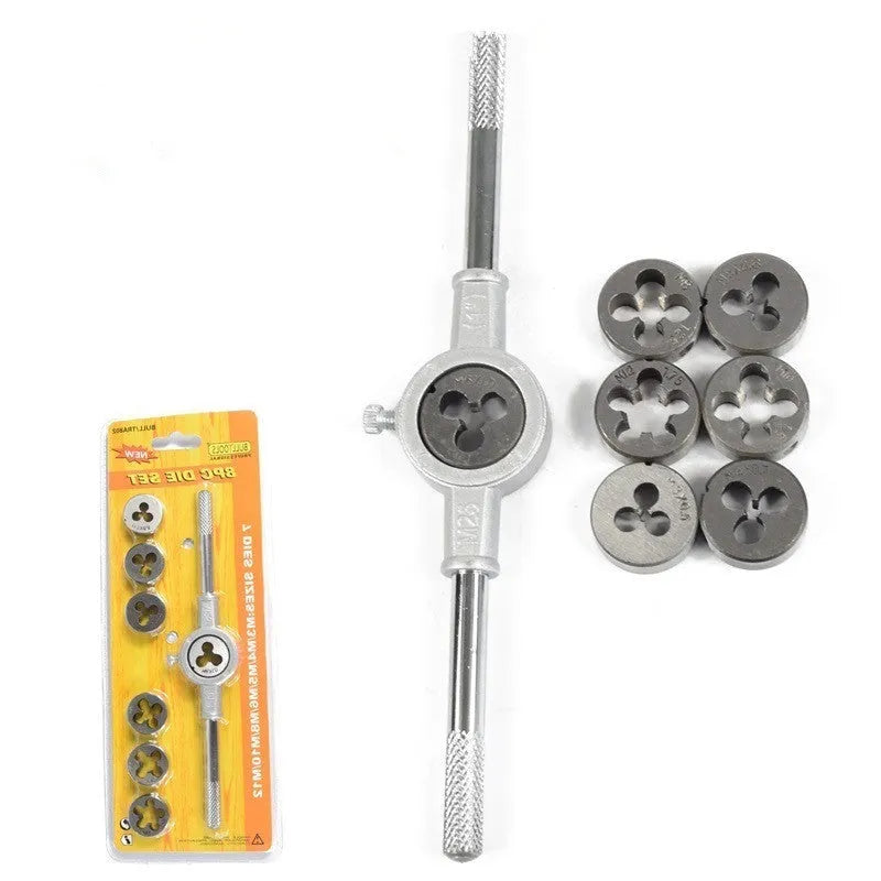 Alloy steel hand tap and die set with chip removal function in blister packaging