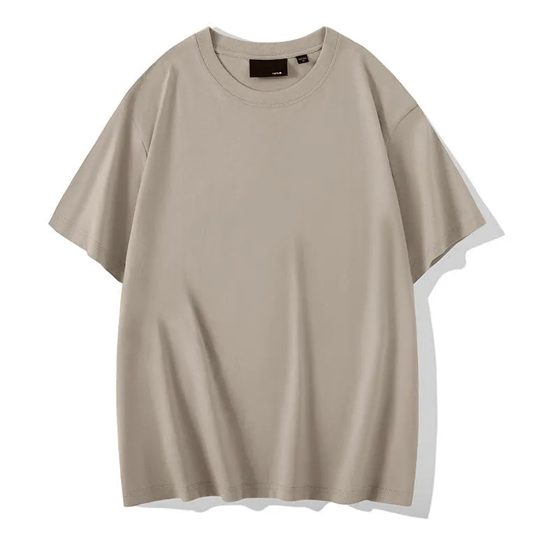 Loose fit men's cotton t-shirt with round neck and drop-shoulder sleeves in solid colour