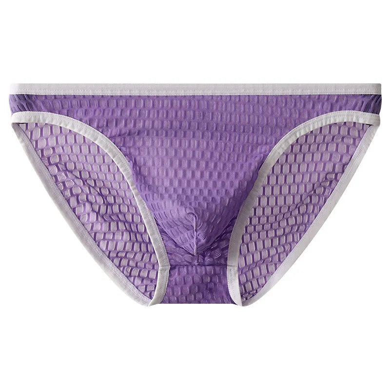 Men's low waist transparent lace underwear in black on a mannequin.