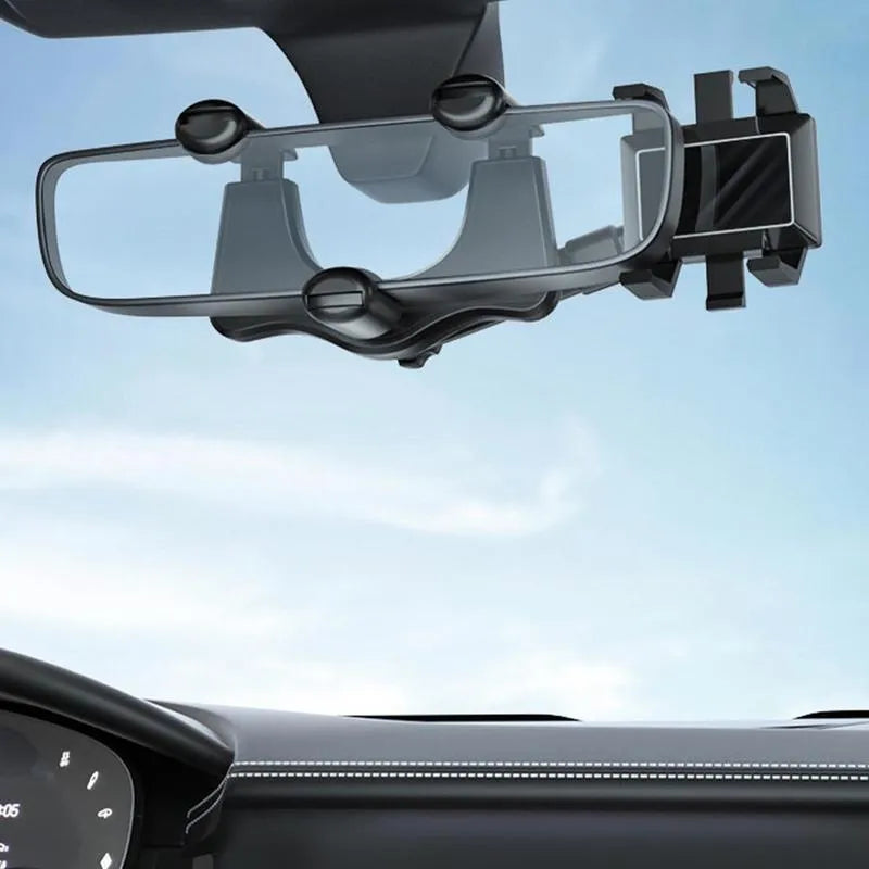 Black rearview mirror car phone holder with rotating head and four gripping claws extended.