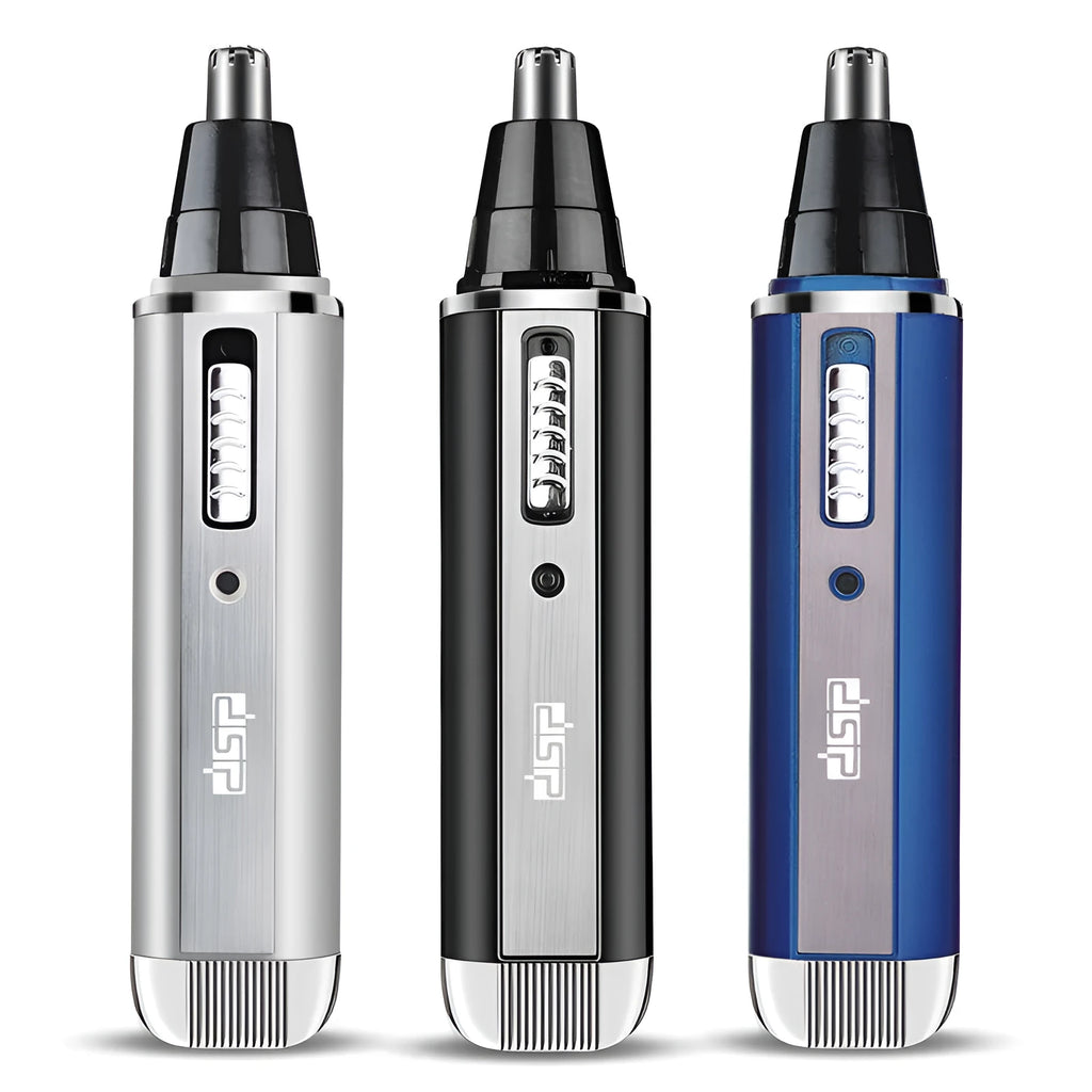 Blue battery-powered electric shaver with main shaving head and a separate nose hair trimmer attachment.