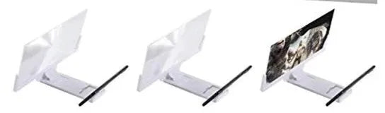 Mobile phone stand magnifier with black frame and clear acrylic screen showing magnification effect
