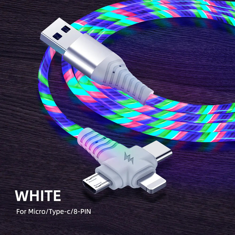 Three-in-one fast charging cable with luminous alloy connectors showing Type-C and Micro USB ends