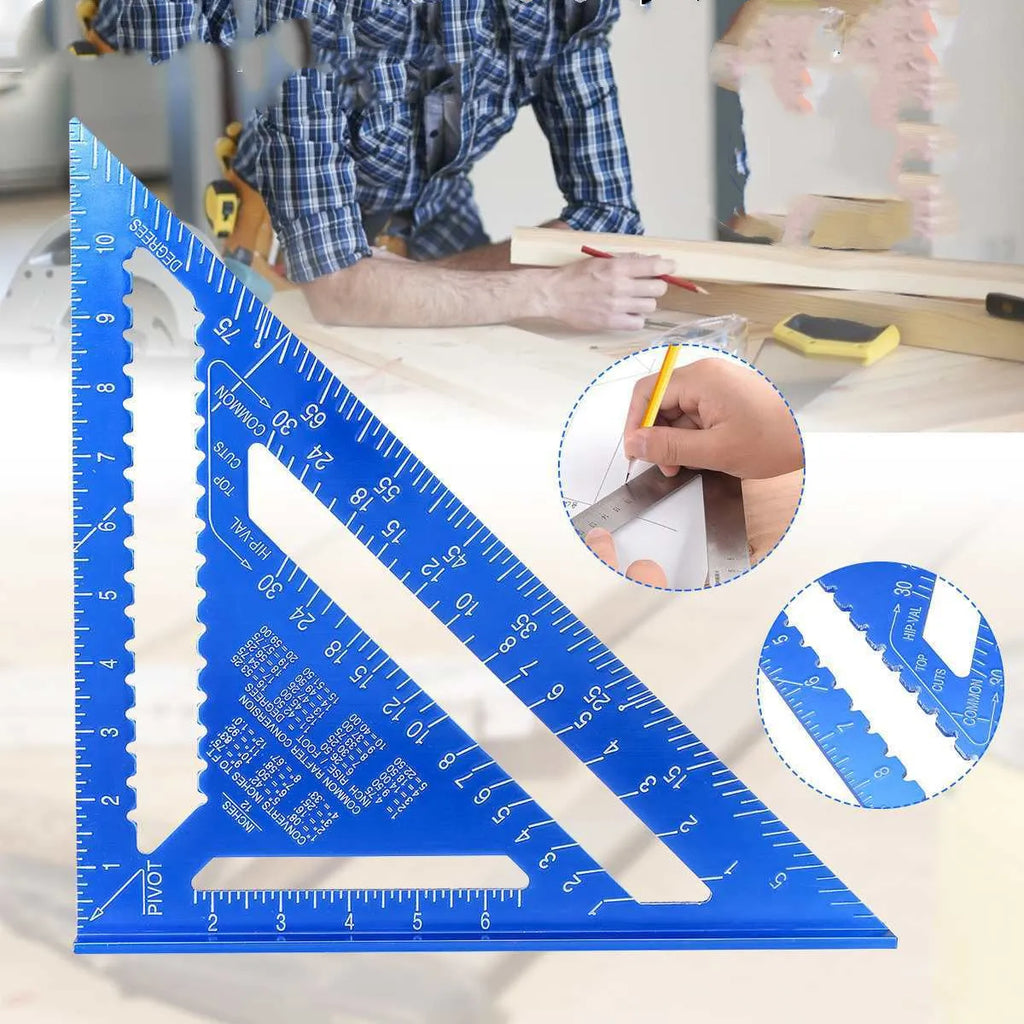 Aluminium alloy woodworking measuring square showing 7-inch triangle ruler with 90-degree angle measurement