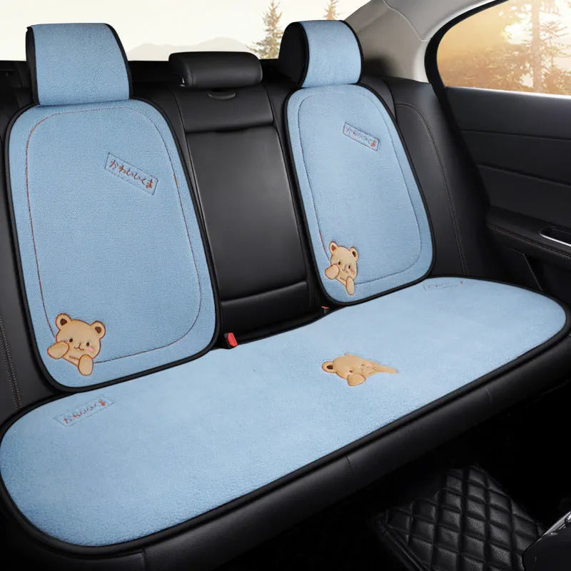Car cushion winter plush three-piece set with square cushion and lumbar support pillow in trendy bear design