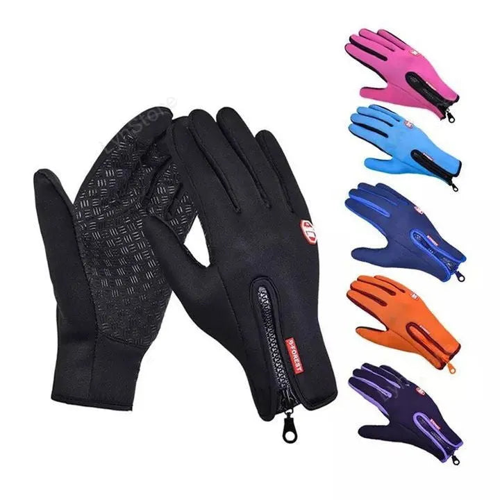 Winter touch screen motorcycle gloves with fleece lining in black and blue colours