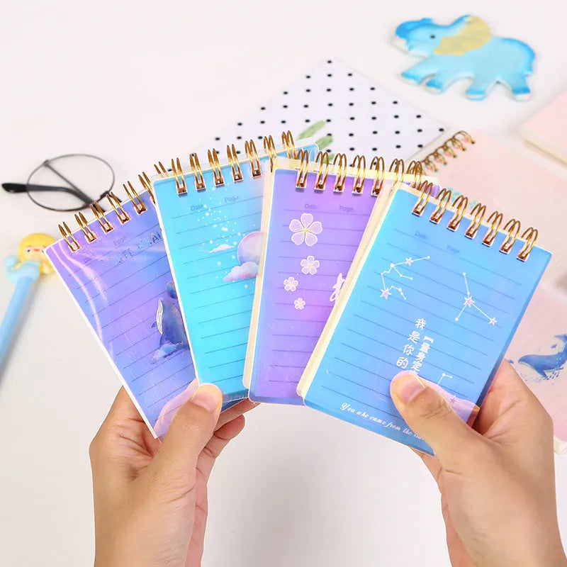 Set of 4 rollover coil A7 notebooks with PP covers in assorted colours: cherry blossoms, constellation, ocean, universe