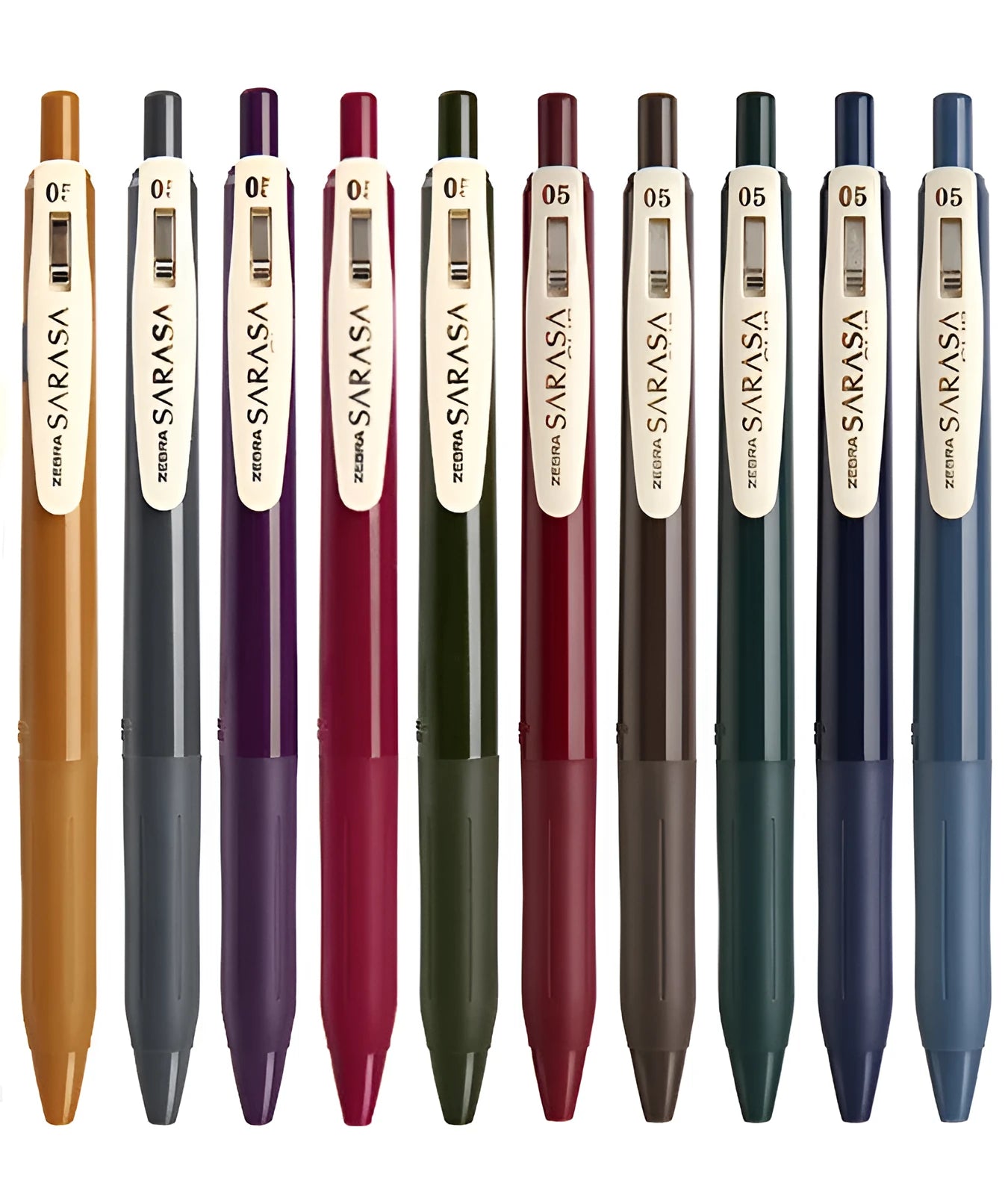 0.5mm bullet gel pen with press water mechanism in a retro style, showing colour options.