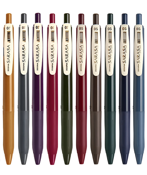 0.5mm bullet gel pen with press water mechanism in a retro style, showing colour options.