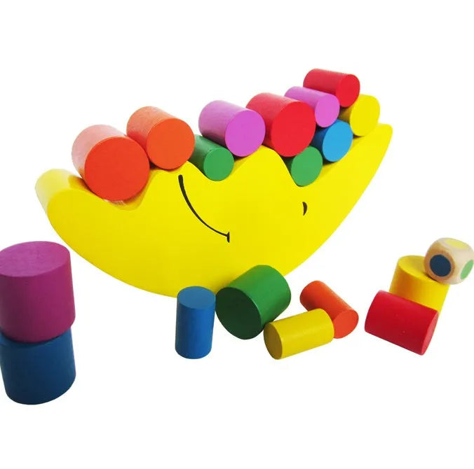 Yellow and blue wooden moon balance game toy for children ages 2-4 on white background