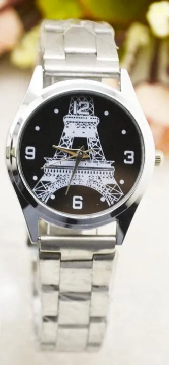 Eiffel Tower Wrist Watch with Paris landmark dial, metal case, and leather strap