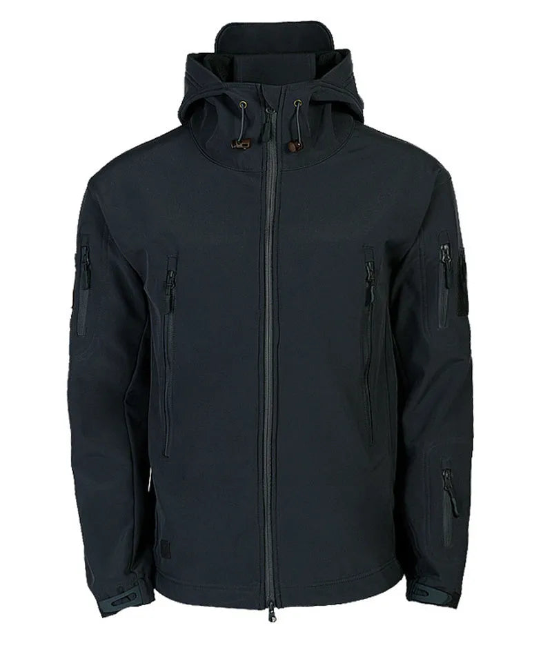Men's windproof hooded soft shell jacket in polyester fibre, available in black, green, grey, and khaki sizes S to 4XL
