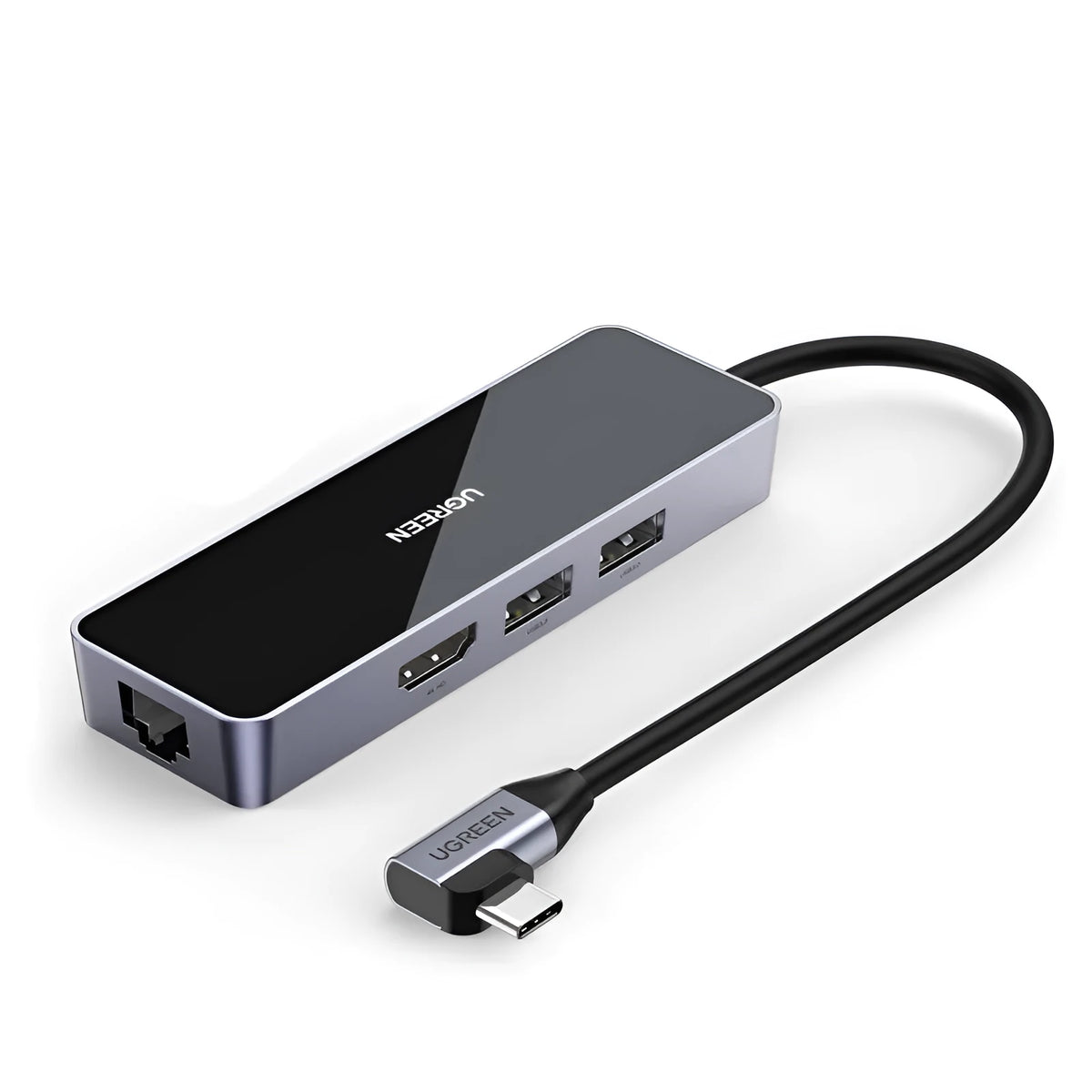Space Gray 4-in-1 USB 3.0 hub adapter with HDMI, Gigabit Ethernet, and two USB ports on a 0.2m cable