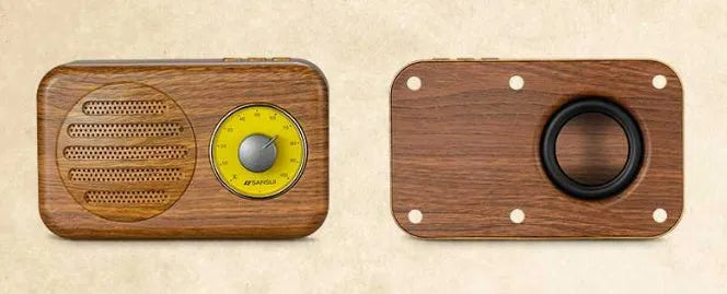 Portable Bluetooth speaker with FM radio in vintage green, pink or wood colour finish