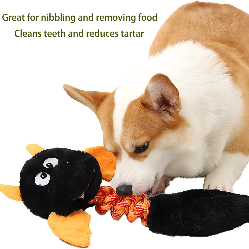 Large black, green, or red plush dog toy with cartoon design, squeaker, and rope knot.