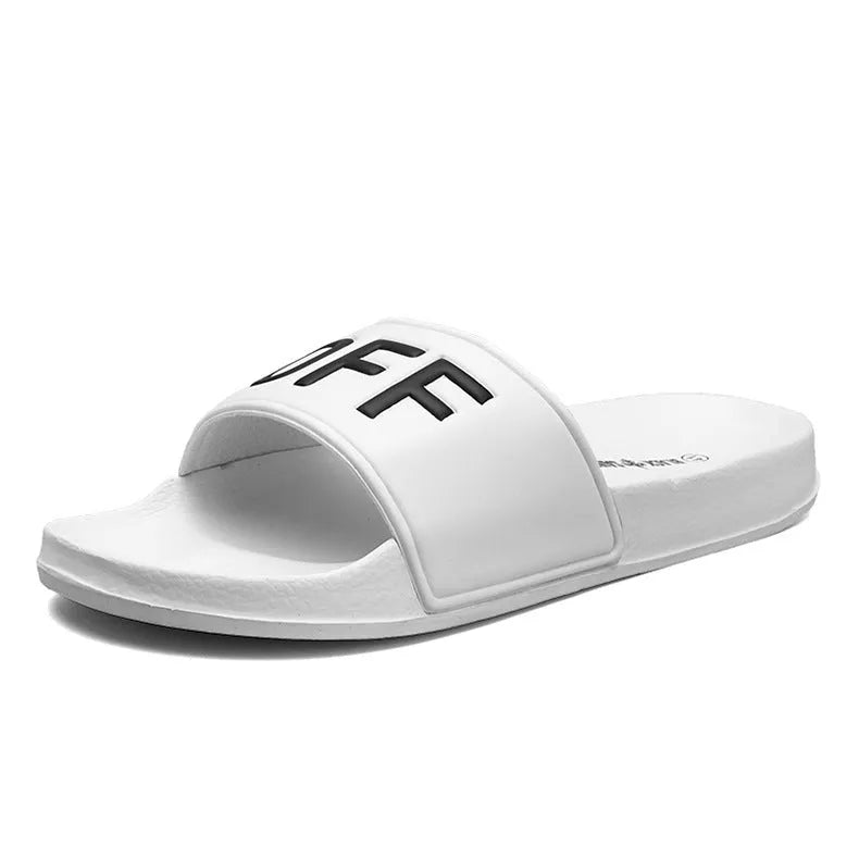 Men's black and white open toe personalised slippers with a rubber sole, shown in a large size.