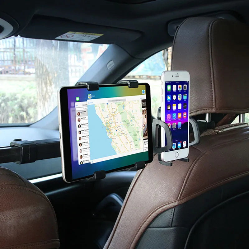 Black universal tablet PC car back seat bracket holding a tablet, with 360-degree rotation feature visible